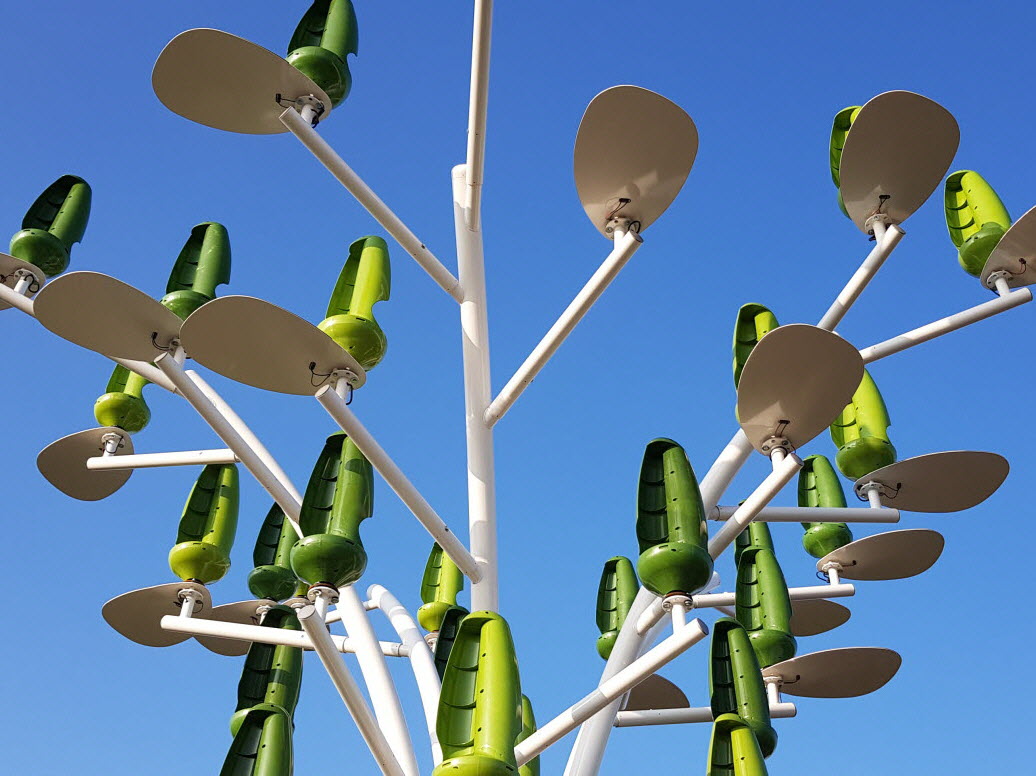 Close-up view of multiple Aeroleaf units showing modular wind micro-generation system